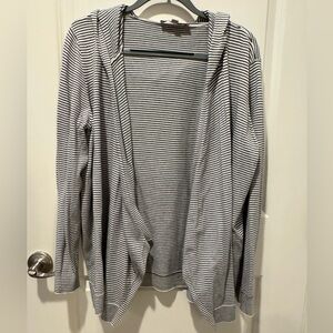 **LOFT* Black x White Striped Hooded Open Front Sweater Size Large